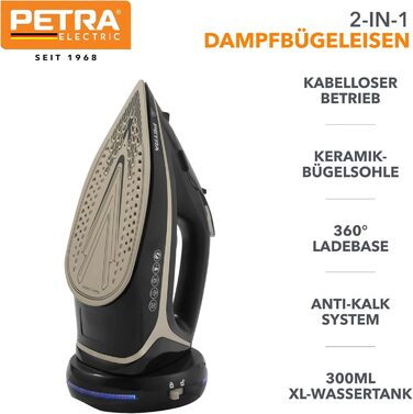 Праска відпарювач Petra PF0987VDEEU7 2-в-1 бездротова - праска без кабелю з керамічною підошвою, 2600W ручна праска з паровим струменем 140г та розпилювачем води, резервуар 300мл, захист від накипу/крапель