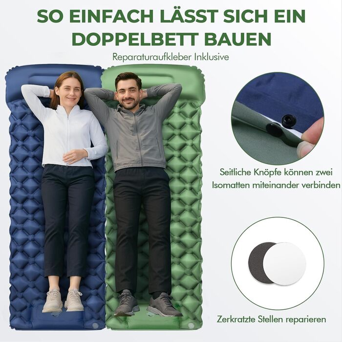 Надувний килимок для кемпінгу самонадувний Ultraleichte 195x60 см з вбудованою подушкою та помпою, водонепроникний, зелений