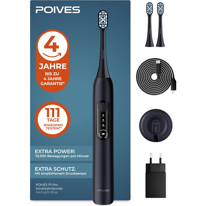 Електрична зубна щітка POIVES P1 Pro з датчиком тиску, 72 000 рухів, гарантія до 4 років, 111 днів без ризику, тривалий час роботи, колір: Midnight Blue