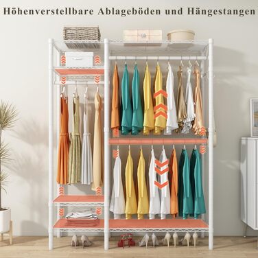 KZOBYD Clothes Rack, Freestanding Clothes Rail with Shelf Metal Wardrobe with Hanging Rods Open Closet with 4 Adjustable Shelves for Coats, Dresses, Shoes (White)