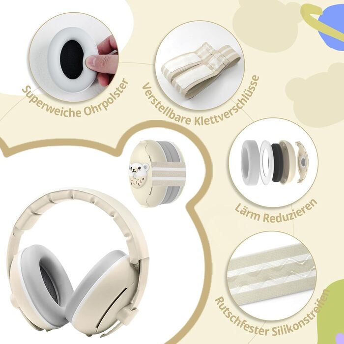 Навушники-захист вух для малюків 2-в-1, від 0 до 48 місяців, з регульованим обручем, шумопоглинання, бежевий