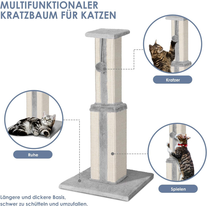 Zonema Kratzbaum-Kratzstamm Scratching Post with 80 cm Scratching Column for Small and Large Cats, Sisal Rope Cat Scratching Post with 1 Interactive Ball, Scratching Post Cat Furniture, for Indoor Activity, Play (79cm Scratching Post, Grey)