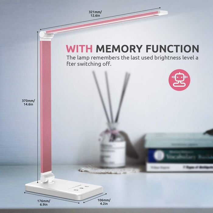 LED лампа настільна дитяча регульована рожева з акумулятором 2500mAh, 5 кольорів, 10 рівнів яскравості, сенсорне управління, складана