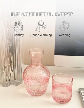 Vintage Glass Carafe with Lid & Matching Drinking Glass – 750 ml Capacity – Elegant Glass Jug for Water, Juice, or Wine – Stylish Home Decor for Kitchen or Dining Room (Pink)