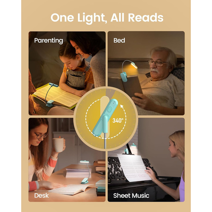 LED лампа для читання Glocusent з кріпленням на книгу, 22 світлодіоди, таймер, регулювання яскравості та кольору, акумулятор 1000 mAh (до 100 годин), для книголюбів, блакитна