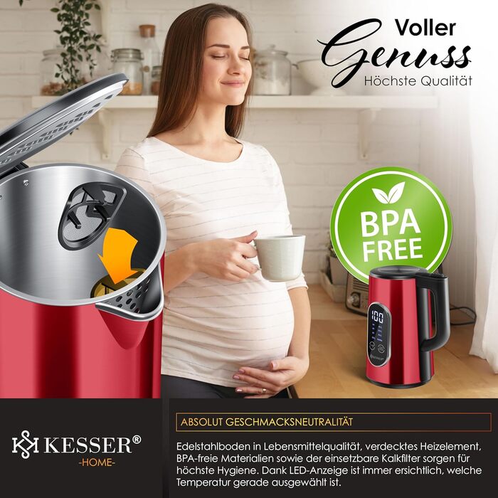 KESSER® Stainless Steel Kettle 1.7 Liter | LED Display | 4-Mode Temperature Setting 40°C-100°C | 30-Minute Keep Warm | Electric Tea Kettle 2200W BPA-Free | Scale Filter & Easy-Open Lid, (Burgundy)