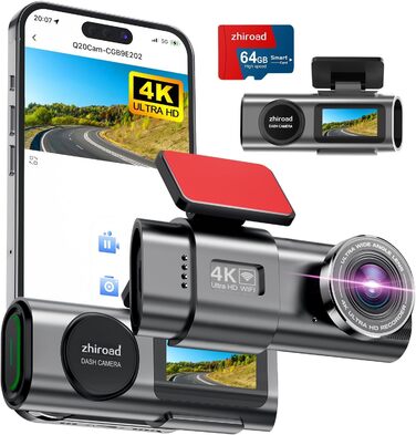 Відеореєстратор 4K WiFi з App-керуванням, 64GB SD-карта, кріплення, IPS 1.47', 170° кут огляду, Нічне бачення, WDR, G-сенсор, циклічна запис, 24/7 паркувальний режим