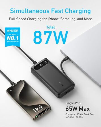 Powerbank Anker 20000mAh з вбудованим USB-C кабелем, 87W, 1 USB-C та 1 USB-A, для MacBook, iPhone, Samsung, Switch та інших пристроїв (Чорний)