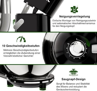 Кухонний комбайн-міксер Camic 2000W, чаша зі сталі 7л, 10 швидкостей, з набором насадок (гак, вінчик) та захистом від бризок, чорний