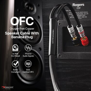 Акустичний кабель Nakamichi 14AWG з позолоченими банановими роз'ємами 24K, 3м, безкиснева мідь (OFC) в обплетенні, чорний