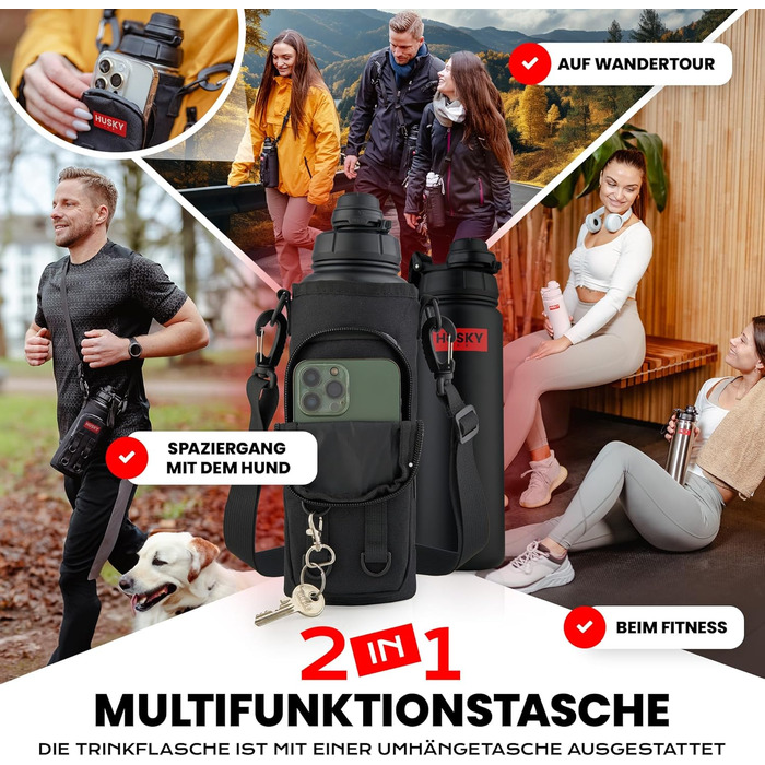 Stainless Steel Water Bottle with FREE Carrying Bag - 700ml - BPA-Free, Leakproof and Dishwasher Safe Thermo Insulated Bottle - Double-Walled Thermos Flask, Sports, Outdoor (Black Edition)