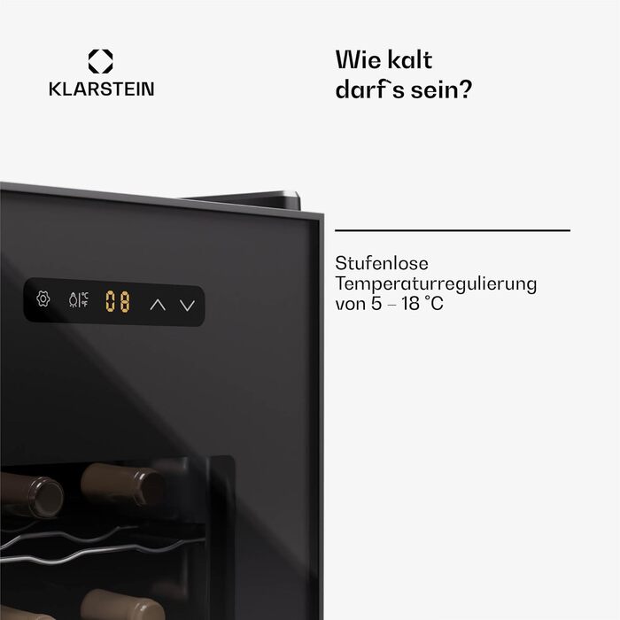Klarstein Freistehendій виноховильник, 1 зона, 12 пляшок, 5-22°C. Виноховильник з прозорою дверцятами для вина та пива.