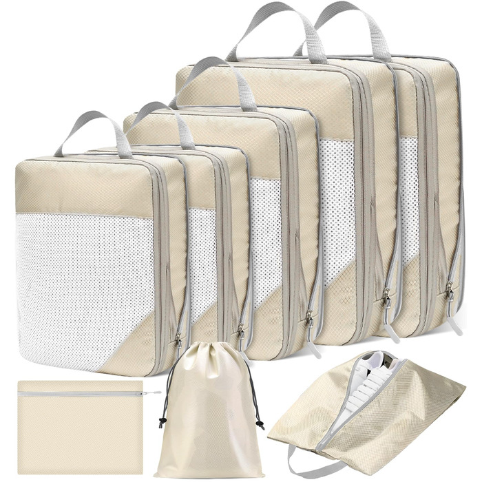 Набір органайзерів для валізи POWZOO (8 шт.) - компресійні кубики для одягу та взуття, бежевий
