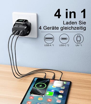 Зарядний пристрій 4-в-1 для Apple Watch та iPhone: 40W USB-C, швидка зарядка PD, сумісний з Apple Watch 10/9/8/7/6/Ultra/SE, iPhone 17/16/15 Pro Max, iPad, AirPods (білий)