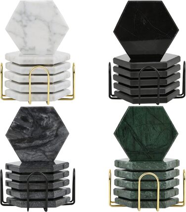 Marble Coasters for Drinks with Metal Stand for High-End Lifestyle (Set of 6) (Hexagonal, Emerald Green)