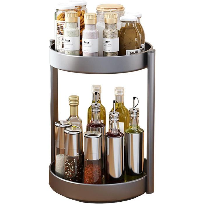 Організатор для спецій Drehteller, поворотна полиця 2 яруси, метал, для шафи, кухні, косметики, ванної кімнати (сірий)