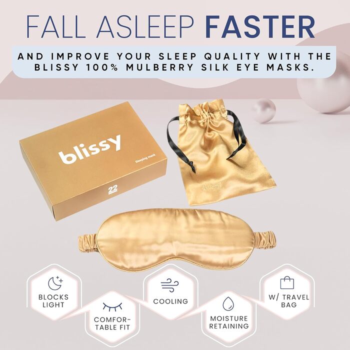 Шовкова маска для сну Blissy – повне затемнення, 100% шовк марука, 22 Momme, 6a, для жінок та чоловіків, золота