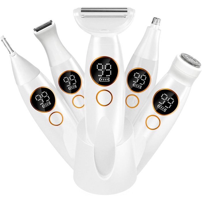 Електричний жіночий тример 5-в-1: для тіла, обличчя, брів та носа. Вологостійкий (IPX7) з USB-станцією.