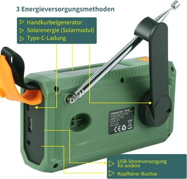 Радіо Alika для надзвичайних ситуацій: радіо з ручним приводом, FM/DAB+/DAB, сонячне, з Powerbank 4000mAh, зарядкою для телефону, USB, SOS-сигналом, ліхтарик (3 режими), для відпочинку на природі, кемпінгу (армійний колір)