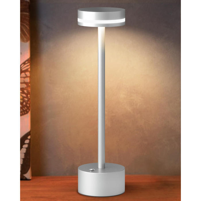 LED настільна лампа з акумулятором, бездротова, з торшером, повне алюмінієве тіло, 3 режими регулювання яскравості, акумулятор 4000mAh, тепле світло 3000K, для обіднього столу, вітальні (срібна)