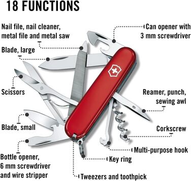 Швейцарський ніж Victorinox Mountaineer, мультитул, 18 функцій, з лезом, відкривачкою для пляшок та консервів, червоний