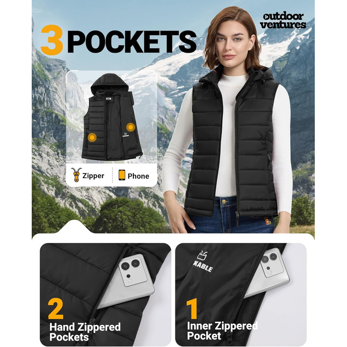 Стьобана жилетка Outdoor Ventures з капюшоном для жінок: тепла спортивна жилетка для походів, кемпінгу та їзди на велосипеді, чорна, XXL