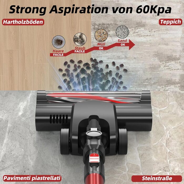 Yikko 3-в-1, пилосос 60KPa з потужним кабелем, електрична підміталка з гнучким шлангом, пилосос з LED-підсвічуванням, ідеально підходить для килимів/підлоги/волосся (Червоний-60)
