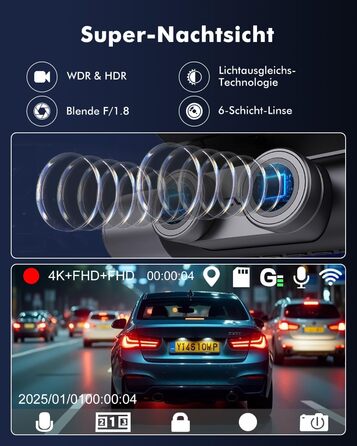 Відеореєстратор для авто 3-Kanal 4K UHD + Full HD (передня 170°, задня 140°, внутрішня 140°) з GPS, WiFi 6, нічним баченням HDR/WDR, 24/7 паркування, 64GB карта пам'яті
