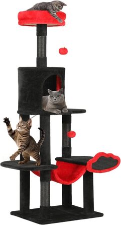Котячий комплекс YITAHOME XXL, 142 см, з 8 стовпчиками сизалю, 3 платформами, 2 хованками, гамаком, іграшками, чорно-червоний