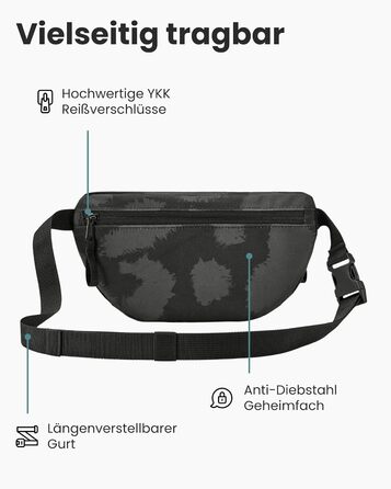 Поясна сумка LARKSON для жінок та чоловіків, м'ятного кольору, модель Finn - для спорту, активного відпочинку, міста, фестивалів. Стильна сумка через плече з водонепроникним покриттям (сірий леопардовий)