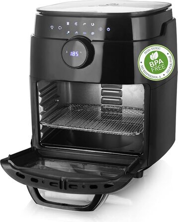 Фритюрниця Emerio XXL з гарячим повітрям, 13 літрів, Airfryer, BPA free, Smart Fryer, мульти-печі з поворотним шампуром та кошиком, дисплей, таймер, функція сушіння, 1800 Вт, AF-121914, чорний, 13 літрів (BPA free)