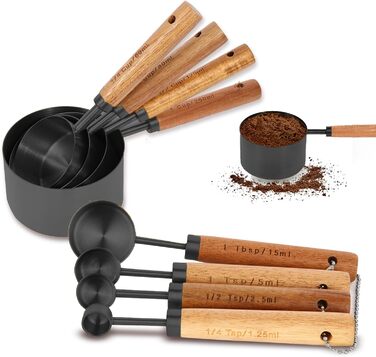 Gold Measuring Cup and Spoon Set with Fragrant Wooden Handles, Premium Stainless Steel Measuring Spoons and Cups Set, for Cooking and Baking in the Kitchen (8 Pieces)