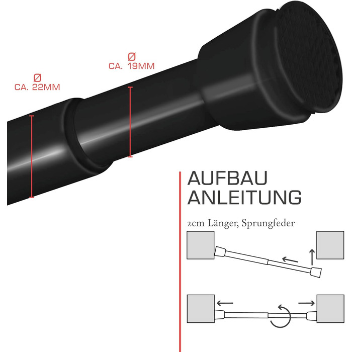 Телескопічна штанга для душу без свердління, регульована – кріпиться без свердління, протиковзна, для штори для душу (70-120 см, чорний)