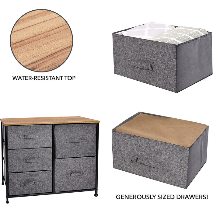 Monter Chest of Drawers, Narrow Chest of Drawers, Cabinet with 5 Large Drawers, Fabric Drawer Organizer, Clothes Storage, Storage Cabinet, 85x30x70cm, Sturdy Metal Frame, Grey