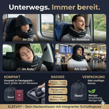 Подушка для шиї в літак з капюшоном та Memory Foam – Подушка-білка, для сну та подорожей – Ергономічна подушка для подорожей, захист від світла та пральна, з сумкою – Чорний (M) Чорний M