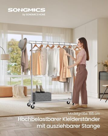 SONGMICS Clothes Rack on Wheels, Heavy-Duty Garment Rack, Extendable Clothes Rod, Load Capacity up to 100 kg, Easy Assembly, Portable, Silver HSR13S