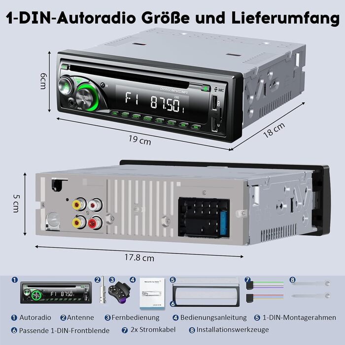 1DIN автомобільна магнітола 9-24V з CD/DVD, Bluetooth, RDS, FM/AM, MP3, 2 USB, SD, AUX, керування з керма, 7 кольорів, зелена