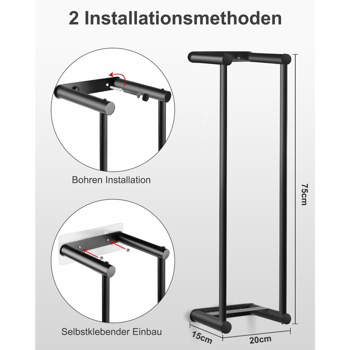 Настінна сушарка для рушників LIVEHITOP без свердління, 75 см, чорний, нержавіюча сталь, велика місткість