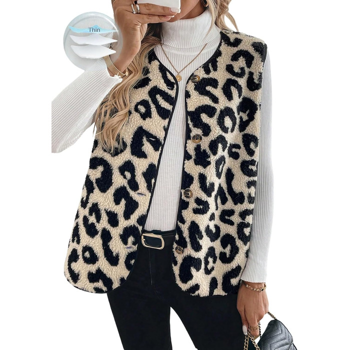 Жіноча жилетка GORGITTER з леопардовим принтом, без рукавів, легка, тепла, з ґудзиками, повсякденна, перехідна жилетка для осені та зими, бежева, розмір S