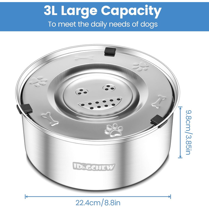 Миска для собак без облизування, нержавіюча сталь, протиковзаюча, витокостійка, легко миється, 3L, срібна