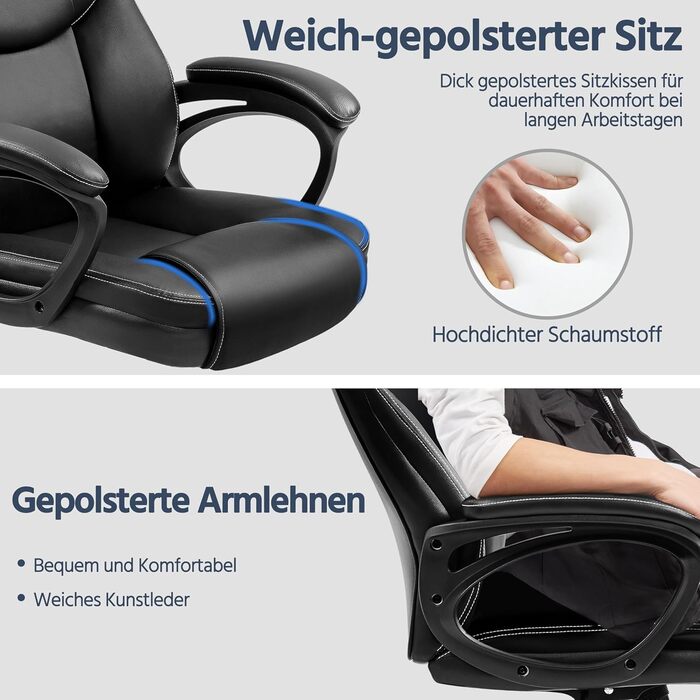 Офісне крісло Yaheetech - зручний комп'ютерний стілець з високою спинкою, регульована висота, штучна шкіра, м'який матеріал, чорний колір