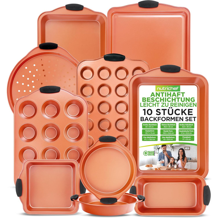 Набір для випічки Nutrichef 10 предметів з антипригарним покриттям. Включає: форма для кексів, форма для тортів, дека для піци, форма для мафінів, форма для хліба та інше. Можна мити в посудомийній машині, складається. Чорний (мідний)