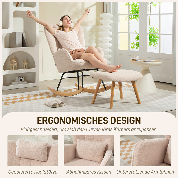 HOMCOM Rocking Chair with Ottoman, Soft Fleece Upholstery, Wooden Legs, Cushion, High Back, Rocker, Beige