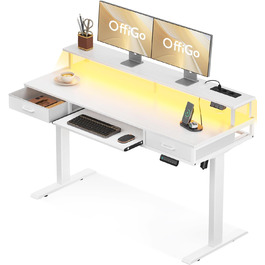 Adjustable Height Electric Desk with Drawers, 140cm - White Standing Desk with Keyboard Tray, Monitor Stand, Power Outlets & LED Light Bar