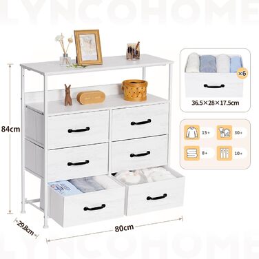 LYNCOHOME Chest of Drawers, Fabric Chest of Drawers, TV Stand Sideboard with 6 Fabric Drawers, Storage Cabinet Bedroom Drawer Chest Kitchen Organizers Furniture for Office Hallway (White-826)