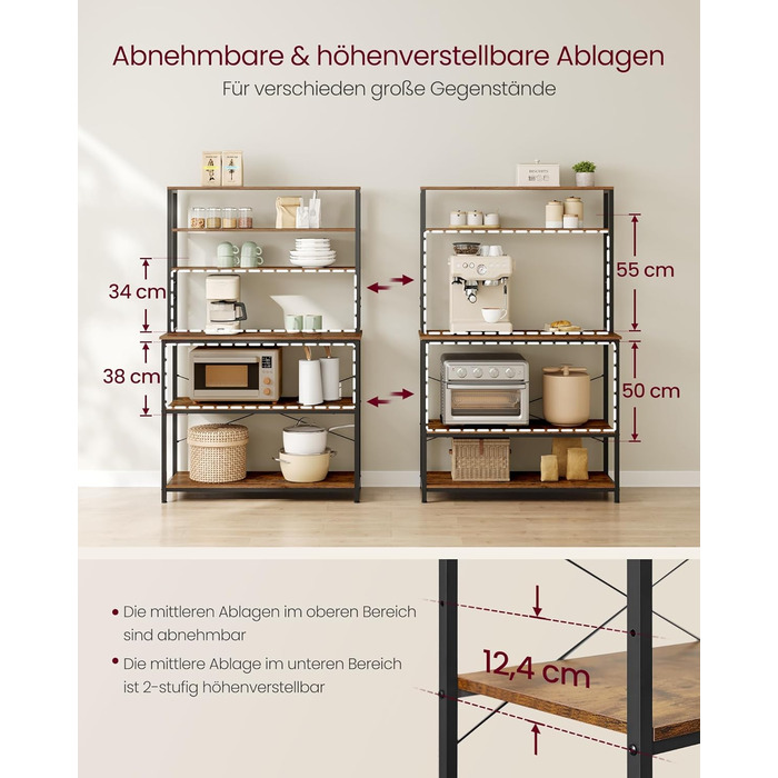 Стелаж кухонний VASAGLE з 6 полицями та гачками, 40 x 60 x 167 см, колір горіх + білий