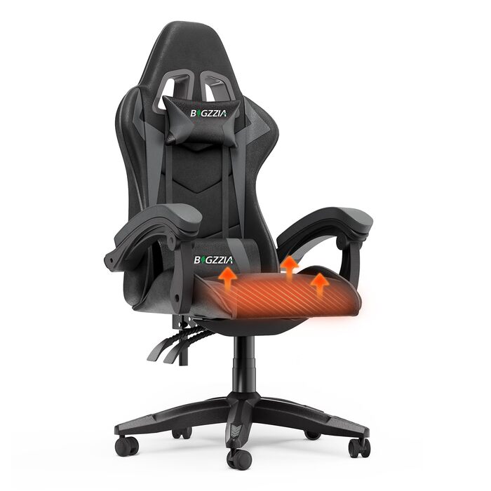 Ігрове крісло Bigzzia Gaming Stuhl з підігрівом, регульована спинка 90-135°, ергономічний геймерський стілець (сірий)