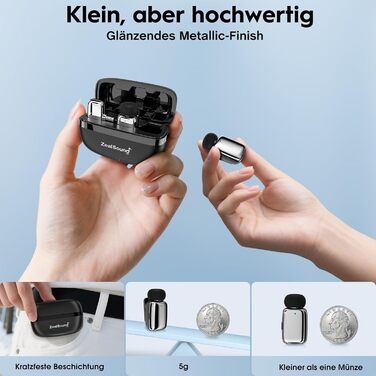 Мікрофон ZealSound Mini Wireless з USB-C/Lightning, для Android/iPhone, з шумозаглушенням, 33h акумулятор, 100м, для Vlogging, TikTok, Podcast, YouTube (M6 Чорний/Срібний)