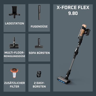 Акумуляторний вертикальний пилосос Rowenta X-Force Flex 9.60 Complete RH2099WO (Apricot) з LED-підсвіткою та набором насадок, 100 AW