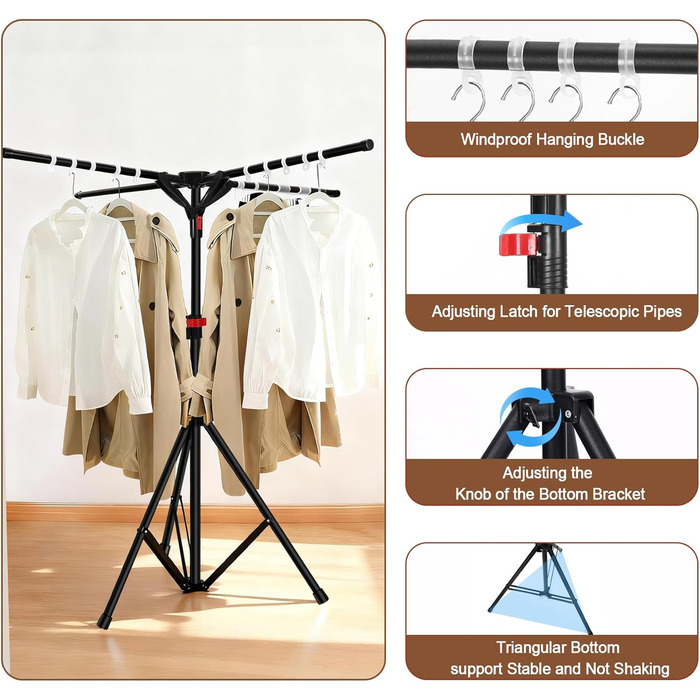 Сушарка для білизни Standtrockner з 4 крилами, 10 гачків та кліпсою для шкарпеток. Складана, регульована по висоті, для дому, балкону, кемпінгу (чорний)